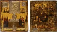 Deux icônes : icône staurothèque avec Crucifixion et saints choisis et icône de fête