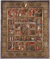 Icône de fête étendue avec 16 grandes fêtes, cycle de la Passion et triptyque du Nouveau Testament