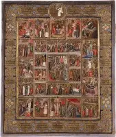 Icône de fête étendue avec 16 grandes fêtes, cycle de la Passion et triptyque du Nouveau Testament