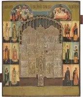 Grande icône staurothèque avec croix domestique, la descente de croix, la mise au tombeau et des saints choisis