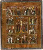 Icoon met de Kruisiging van Christus en de twaalf hoogfeesten van het orthodoxe kerkjaar