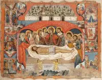 Icône monumentale signée et datée de la Mise au tombeau du Christ