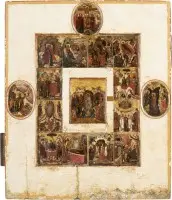 Icône très fine et grand format de la descente du Christ aux enfers, douze grandes fêtes de l'année liturgique orthodoxe, la crucifixion, la résurrection de Lazare et le baptême du Christ