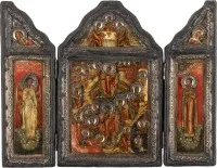 Fine triptych with Christ's descent into hell and resurrection flanked by the guardian angel and Saint Panteleimon