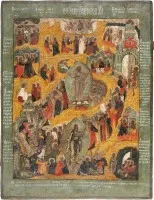 MONUMENTALE UND FEINE IKONE MIT DER AUFERSTEHUNG, DER HÖLLENFAHRT UND DER HIMMELFAHRT CHRISTI AUS EINER KIRCHEN-IKONOSTASE