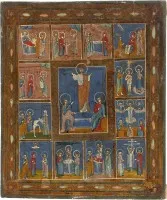Icoon van de verrijzenis van Christus en twaalf hoogfeesten