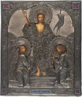 SEHR FEINE IKONE MIT DER AUFERSTEHUNG CHRISTI MIT FILIGRANEM CHAMPLEVÉ-EMAIL-OKLAD