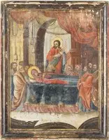 GROSSFORMATIGE DOPPELSEITE IKONE MIT DER AUFERSTEHUNG CHRISTI UND DEM ENTSCHLAFEN DER GOTTESMUTTER