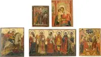 Cinq fragments d'icônes avec la Sainte Trinité de l'Ancien Testament, images miraculeuses de la Mère de Dieu et saints