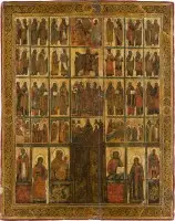 Groot icoon met de weergave van een kerkelijke iconostase