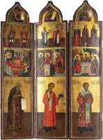 Drie panelen van een monumentale reis-iconostase met de Geboorte van de Moeder Gods, de Opdracht in de Tempel en de Oudtestamentische Drievuldigheid met heiligen