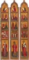 Drie panelen van een reis-iconostase met hoogfeesten en heiligen