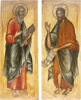 Deux icônes monumentales provenant d'une iconostase d'église : l'évangéliste Matthieu et Jean le Précurseur