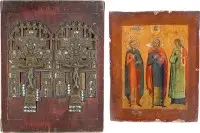 Deux icônes : les saints Samon, Gurij et Aviv et une staurothèque avec deux croix de maison
