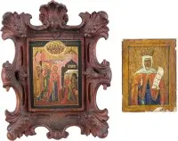 Deux icônes miniatures représentant la Mère de Dieu devant saint Serge de Radonège et sainte Parascève