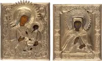 Deux icônes avec oklad : Mère de Dieu de Tikhvine (Tikhvinskaïa) et sainte Parascève