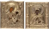 Deux icônes avec oklad : Mère de Dieu de Tikhvine (Tikhvinskaïa) et sainte Parascève
