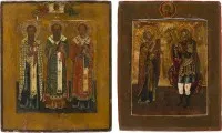 Twee iconen: drie hiërarchen van de orthodoxe kerk en de heiligen Tichon van Zadonsk en Theodorus Stratelates