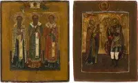 Deux icônes : trois hiérarques de l'Église orthodoxe et les saints Tikhon de Zadonsk et Théodore Stratélate