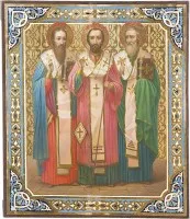 GROSSFORMATIGE IKONE MIT DEN DREI KIRCHENVÄTERN GREGOR DEM THEOLOGEN, JOHANNES CHRYSOSTOMUS UND BASILIUS DEM GROSSEN