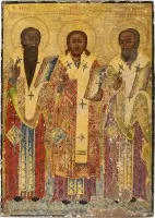 Grande icône datée avec les trois Pères de l'Église orthodoxe