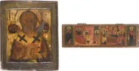 Icoon met de heilige Nicolaas van Myra en icoonfragment met de Geboorte en Ontslaping van de Moeder Gods