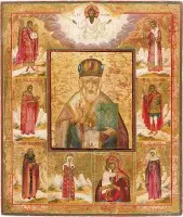 Icône grand format de saint Nicolas entouré de la Mère de Dieu et de saints choisis