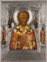 Icône avec saint Nicolas de Myre en riza d'argent