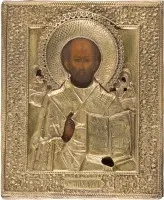 ZWEI IKONEN: GOTTESMUTTER TRICHEIROUSA UND HEILIGER NIKOLAUS VON MYRA MIT OKLAD