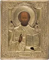 ZWEI IKONEN: GOTTESMUTTER TRICHEIROUSA UND HEILIGER NIKOLAUS VON MYRA MIT OKLAD