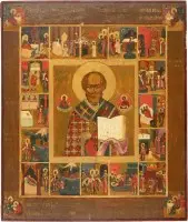 MONUMENTALE VITA-IKONE MIT DEM HEILIGEN NIKOLAUS VON MYRA MIT DEN VIER EVANGELISTEN