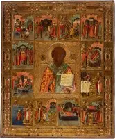 Grande icône hagiographique avec saint Nicolas de Myre et douze scènes