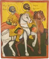 Petite icône avec les saints cavaliers Ménas et Démétrios