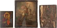 Trois icônes de petit format : la Mère de Dieu à trois mains, saint Georges terrassant le dragon et un saint