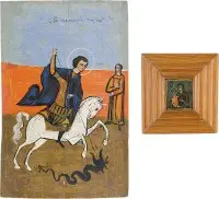 Deux icônes : miniature avec la Mère de Dieu Tricheirousa et saint Georges terrassant le dragon