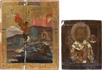 ZWEI IKONEN: GROSSFORMATIGE IKONE MIT DEM HEILIGEN GEORG DEM DRACHENTÖTER UDLIGE IKOLAUS VON MYRA
