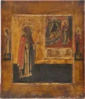 Zeer zeldzaam icoon met de heilige Filaret de Barmhartige en de Moeder Gods 'De Genezeres' (Zelitelnitsa)