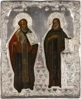 Kleine icoon met Sint-Nicolaas van Myra en Sergius van Radonezj, met zilveren riza