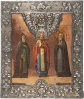 PATRONATSIKONE MIT DEN HEILIGEN HEILIGEN MAKARI VON UNZHA, NIKOLAUS VON MYRA UND SERGEJ VON RADONESCH MIT SILBER-RIZA