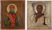 DEUX ICÔNES : CHRIST PANTOKRATOR AVEC OKLAD EN ARGENT ET SAINT THÉODOSE D'OUGLITCH
