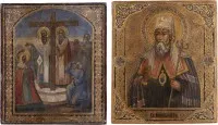 Twee iconen: Verheffing van het Ware Kruis en de heilige Johannes, metropoliet van Tobolsk en heel Siberië