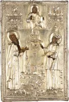 KLEINE IKONE MIT DEN HEILIGEN NIKOLAI UND BARBARA MIT VERMEIL-OKLAD