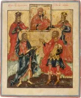 Patronaaticon met de Moeder Gods 'Lenig mijn verdriet' en de heiligen Catharina, Barbara, Johannes de Voorloper en Johannes de Krijger