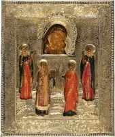 SEHR FEINE PATRONATSIKONE MIT DER GOTTESMUTTER 'KORSUNSKAJA' UND DEN HEILIGEN DARIA, ALEXIUS, METROPOLIT VON MOSKAU, MARIA MAGDALENA UND AGRIPINA MIT VERMEIL-RIZA