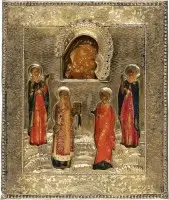 Icône de patronage très fine avec la Mère de Dieu 'Korsunskaja' et les saints Daria, Alexis, métropolite de Moscou, Marie-Madeleine et Agrippine avec riza en vermeil
