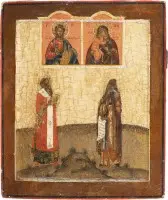Icône de patronage avec le Christ Pantocrator, la Mère de Dieu Feodorowskaja et deux saints