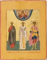 Icône avec la Mère de Dieu du Signe ainsi que saint Siméon, évêque de Perse, flanqué du prophète Sophonie et de Démétrius