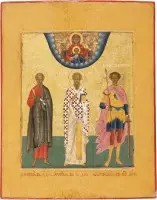 Icône avec la Mère de Dieu du Signe ainsi que saint Siméon, évêque de Perse, flanqué du prophète Sophonie et de Démétrius
