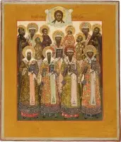 Fine icône de patronage avec le Mandylion et 13 saints, dont les quatre métropolites de Moscou