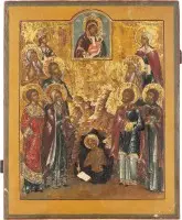 Icône rare avec Jean le Très Patient du monastère des Grottes de Kiev flanqué de neuf saints et de la Mère de Dieu 'Adoucis mes chagrins'